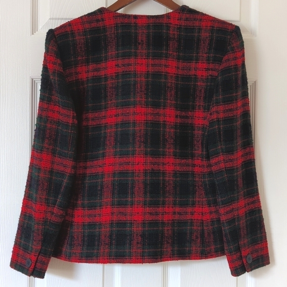 Talbots 80's Vintage Preppy Plaid Wool Blend Tweed Collarless Blazer Jacket 4P - Picture 10 of 11